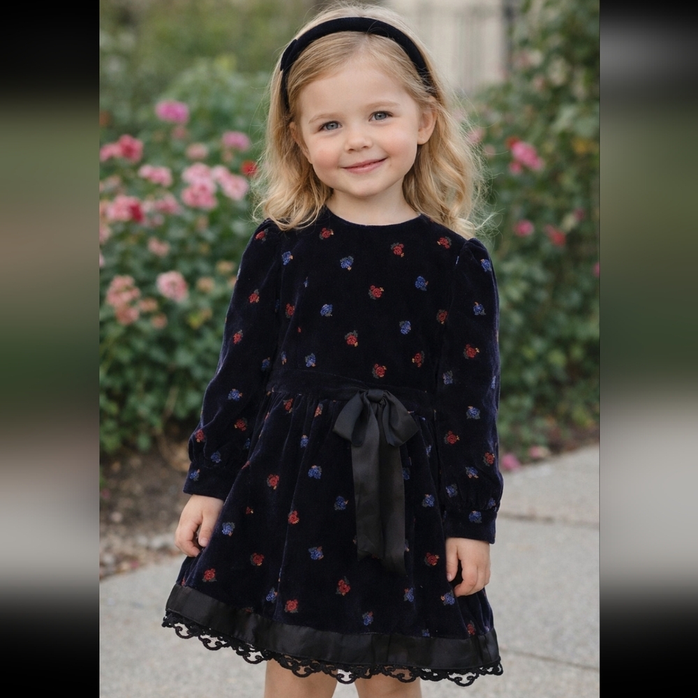 Holiday Black Velvet Velour Floral Lace Trim Kids Dress Long Puffy Sleeves Italy